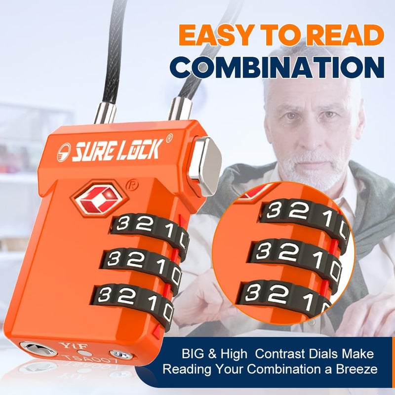 SURE LOCK TSA Approved Cable Luggage Lock â€“ TSA Locks for Luggage with Visual Inspection Indicator, Resettable 3-Digit Combination, Zinc Alloy Body for Suitcases, Backpacks, Gym Lockers(Orange 2 Pack) - Image 3
